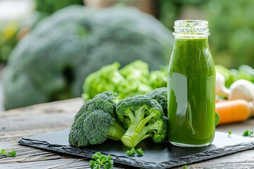 bottle of broccoli juice and slices on wooden background, time for vitamin detox diet, fresh summer wallpaper, healthy harvest banner