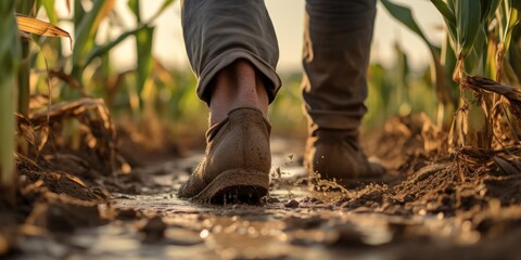 Close-Up Of Muddy Farmer Boots Walking Between Corn Stalks. Agricultural Worker At Cornfield. Generative AI