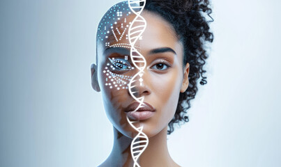 A woman's face with half of her head in white and the other side showing DNA strands, representing precision medical technology for skin care on an isolated background.