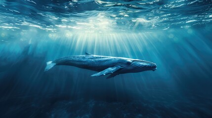 Naklejka premium On World Oceans Day picture this a majestic blue whale gliding gracefully just beneath the shimmering surface framed by the vast expanse of a clear blue sky