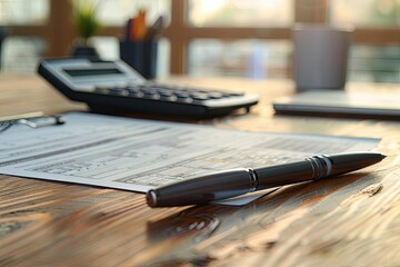 Artistic representation of tax documents, a pen, and a calculator on a wooden desk, set against a softfocus office background, ideal for financial advice content