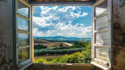 A realistic image depicting the view from a house window overlooking a summer landscape.