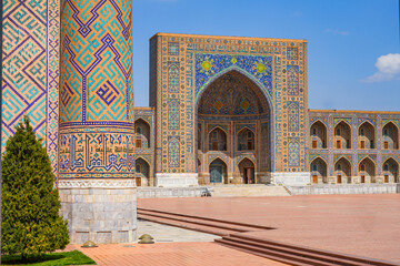 Portal of the Tilla-Kari Mosque at the center of the Registan Square in Samarkand, Uzbekistan