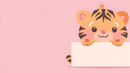 Cute Cartoon Tiger Character Peeking from Corner on Pink Background