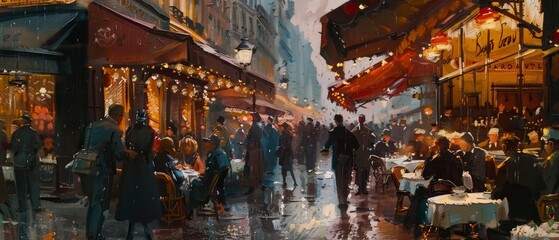 A bustling cafe scene in Paris, captured in an impressionistic style, with a clear space at the top for a romantic quote