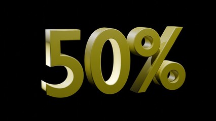 3d  shiny yellow discount 50 percent off and sale. 50 percent Off. Discount creative composition of golden or yellow. Gold 3D Digits Banner. Illustration Isolated On black Background.