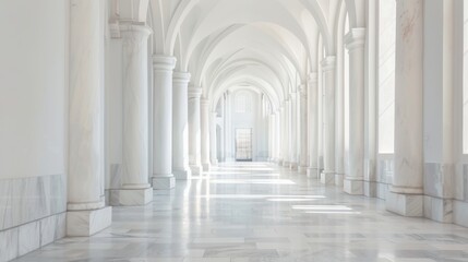 Serene cathedral corridor white marble and minimalist walkway poles under arches