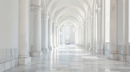 Serene cathedral corridor white marble and minimalist walkway poles under arches - Powered by Adobe