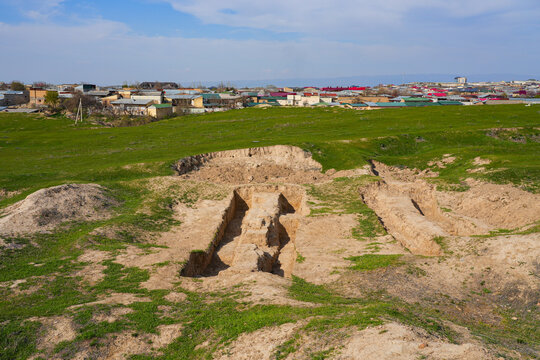 Afrasiyab (Afrosiyob) ancient settlement in ruins in Samarkand, Uzbekistan - Archaeological excavations on a grassy hill of Maracanda in Central Asia