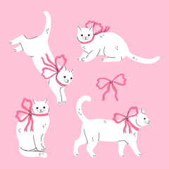 Set of cute white cats with pink bows. Vector graphics.
