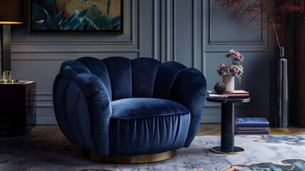 dark blue Armchair with a plush velvet cushion and a curved back for ultimate comfort.