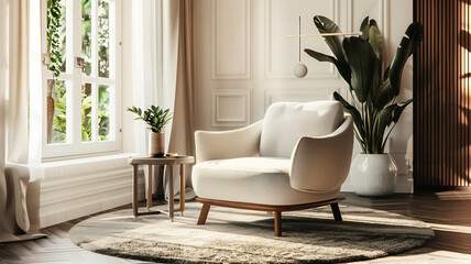 A minimalist armchair with clean lines positioned next to a plush, overstuffed Victorian chair in a modern living room.