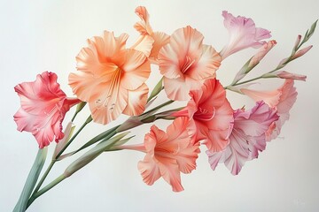 Obraz premium Delicate and serene, Gladiolus flowers in pastel watercolor, hand drawn elegantly displayed on a white background