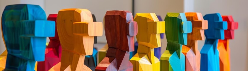 A group of colorful wooden figures attending a virtual reality exhibition, illustrating the merge of art and technology, presented in an abstract, modernist style