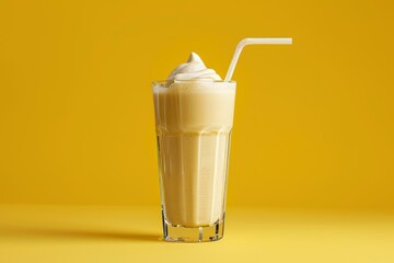 Banana milkshake in transparent glass with straw on yellow background, summer, sunny, topping, cold drink