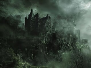 Naklejka premium A medieval castle shrouded in mist, portrayed in a gothic style with a dark sky reserved for a legendary tale