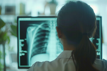 A focused medical professional studies a chest X-ray on a computer screen, highlighting detailed lung anatomy within a clinical setting.