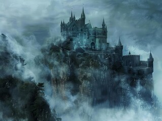 A medieval castle shrouded in mist, portrayed in a gothic style with a dark sky reserved for a legendary tale