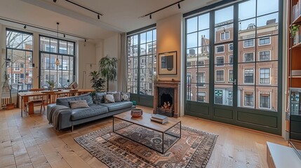 Typical interior design in Amsterdam, hardwood floors, green window frames, sofas, coffee tables on the left, small fireplace on the right, carpet with boho pattern on the ground