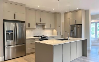 Minimalist kitchen with light beige cabinets and stainless steel appliances, featuring built-in cabinet storage for engaging materials