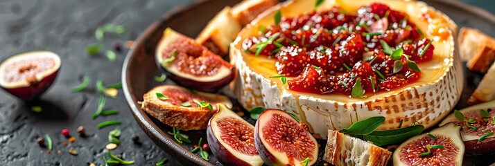 Baked brie with fig jam and toasted baguette, fresh presentation, view from above, food banner with copy space for writing