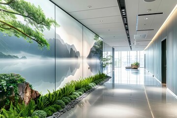 A serene office space where walls dynamically display serene landscapes and ambient soundscapes