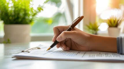 A close-up of a hand holding a pen and signing insurance documents on a white desk in a well-lit office space