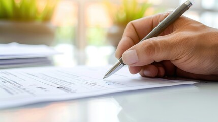 A close-up of a hand holding a pen and signing insurance documents on a white desk in a well-lit office space