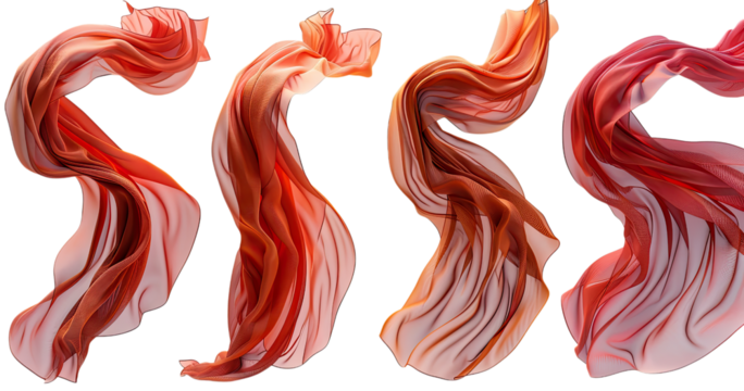 Set of flying 3d red drapery fabric cloth on transparent Background