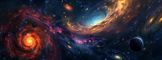 A vivid portrayal of a swirling galaxy surrounded by planets against the backdrop of a starry space.