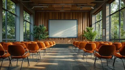 classroom interior design, a serene university classroom with modern comfortable chairs and a whiteboard, ideal for tranquil higher education settings
