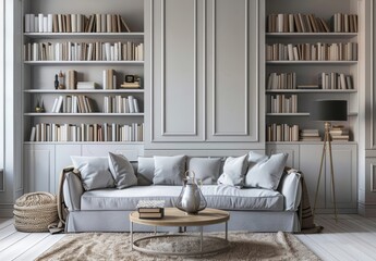A chic living room design featuring built-in bookshelves, a plush sofa, and an elegant side table, all in harmonious neutral colors, showcasing minimalist elegance and functionality