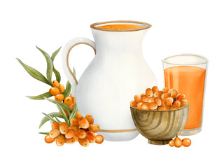Healthy sea buckthorn juice in white jug and glass with Hippophae berries in wooden bowl watercolor isolated illustration. Hand drawn diet farm drink for rustic organic food