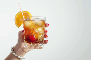 a vintage retro female hand holding a cocktail isolated on a plain background, 1960s and 70s style