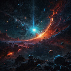 Obraz premium Surreal Space Landscape with Astronauts and Planets