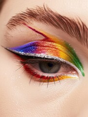 Fototapeta premium Vibrant Rainbow Winged Eyeliner and Natural-Looking Eyebrows