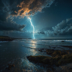 Dramatic Coastal Landscape with Mountain, Sunset, and Starry Sky