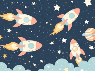 Chinese art style creative design illustrates the journey of space exploration, capturing rockets and stars in a kawaii template sharpen with copy space