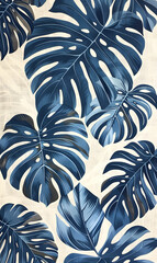 An art piece featuring azure tropical leaves on a white background, creating a symmetrical pattern. The electric blue foliage resembles textile sleeves, giving the painting a unique and vibrant look