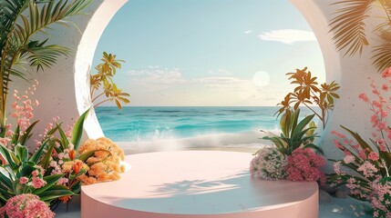 Abstract minimal display podium for showing products and cosmetic presentation with summer beach scene