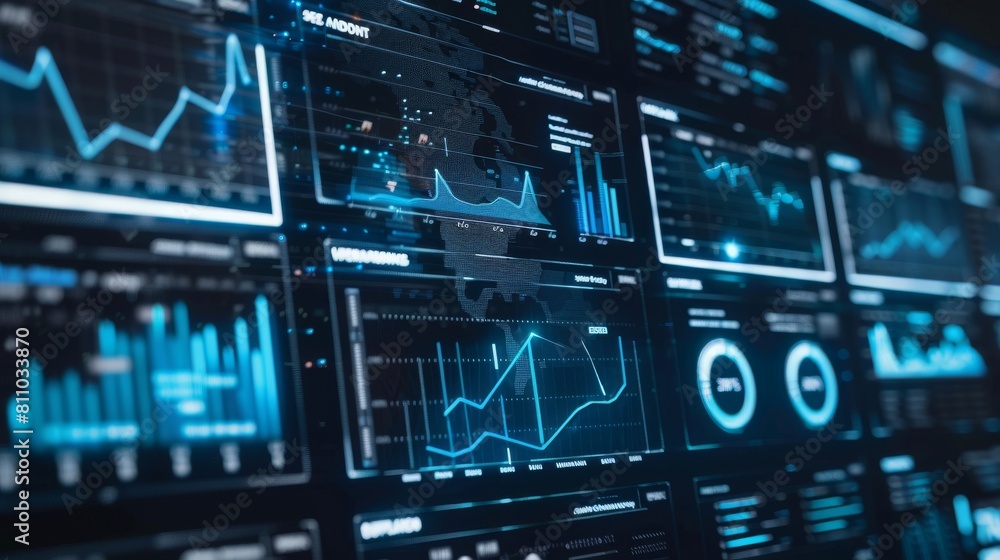 Poster Big data analytics automated with AI technology. Dashboard report with sales and operations charts and KPI insights.