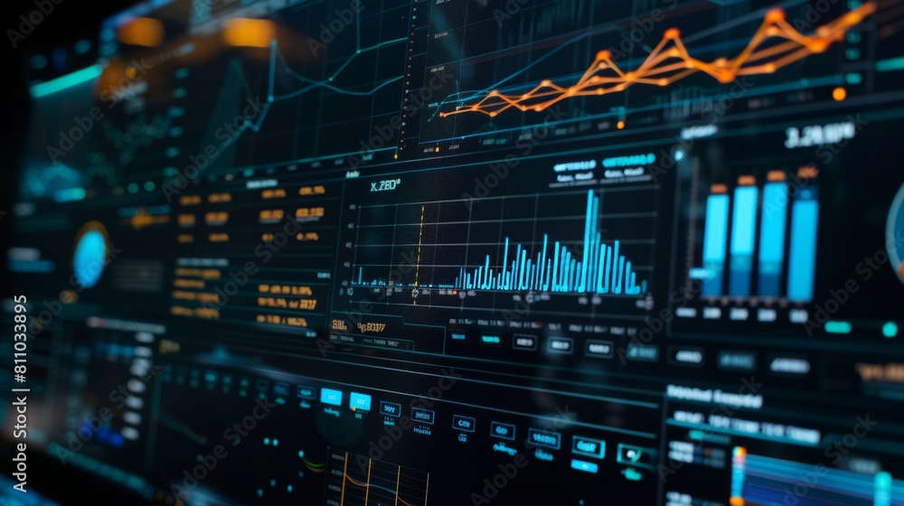 Poster AI-driven data analysis integrating big data, business analytics, and artificial intelligence. Touchscreen dashboard with sales and operations charts and KPI insights.