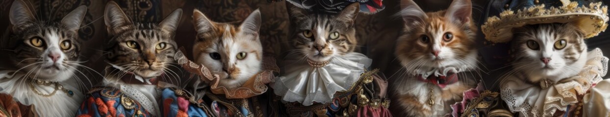 Creating a surreal scenario where cats host a fashion show, flaunting elaborate Elizabethan costumes