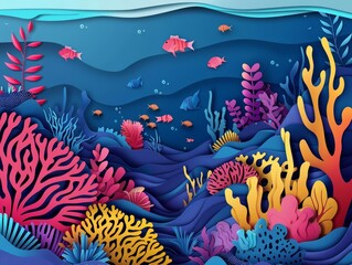 Creative amazing view of a vibrant coral reef, illustrated in paper art styles, enhancing the underwater magic, illustration template