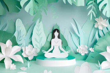 Creative paper art of a serene yoga session in a garden, illustrated in paper cut styles with a calming minimal color palette and a kawaii template sharpen with copy space