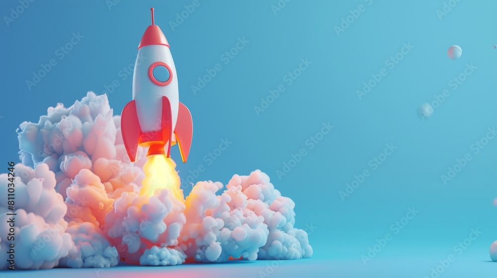 Poster rocket start elements, cute planets, spaceship launch in realistic fire cloud, creative technology i