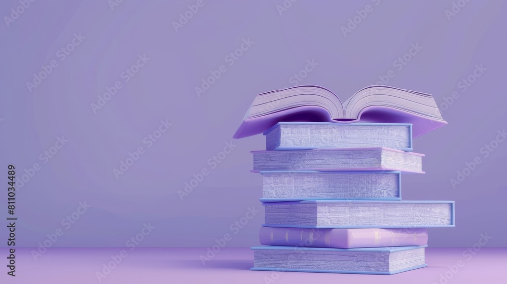 Poster The closed book stack has an open one in the middle on the pastel purple background. Book pile with empty space for text. Inspired by textbooks and education concept. Realistic 3D modern