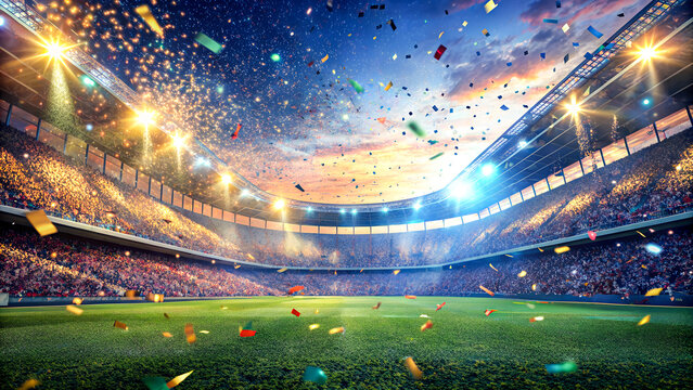 Football stadium background with flying confetti