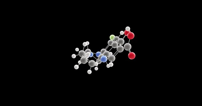 Ciprofloxacin molecule, rotating 3D model of fluoroquinolone antibiotic, looped video on a black background