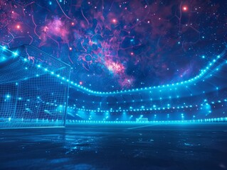 Envision an atmospheric, deserted football stadium under a starry sky with advanced, holographic goalposts and vibrant LED surroundings, including copy space